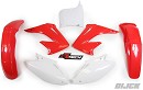 RACETECH Plastic Kit CR125/250 02-03 OEM - Front Fender Red - Rear Fender Red - Radiator Scoops Red - Side Panels White - Front Number Plate White